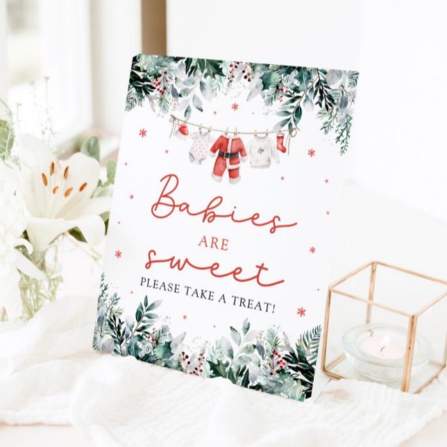 Red Christmas Santa Babies Are Sweet Take a Treat Pedestal Sign (Watercolor Red Christmas Santa Babies Are Sweet Take a Treat Sign)