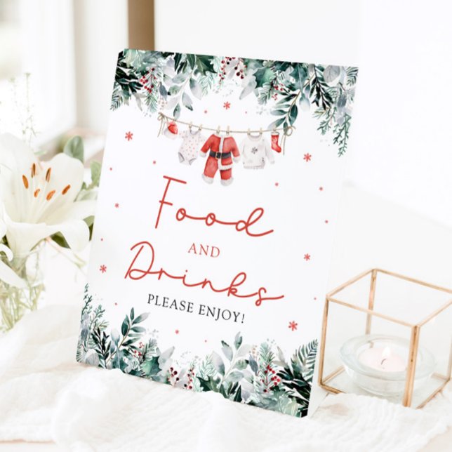 Red Christmas Santa Baby Shower Food and Drinks Pedestal Sign (Watercolor Red Christmas Santa Baby Shower Food and Drinks Pedestal Sign)