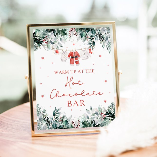 Red Christmas Santa Baby Shower Hot Chocolate Bar Poster (Watercolor Red Christmas Santa Baby Shower Hot Chocolate Bar Sign)