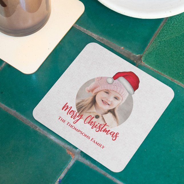 Red Christmas Santa Hat Cute Party Square Paper Coaster (Merry Christmas photo Santa Hat paper party coaster)
