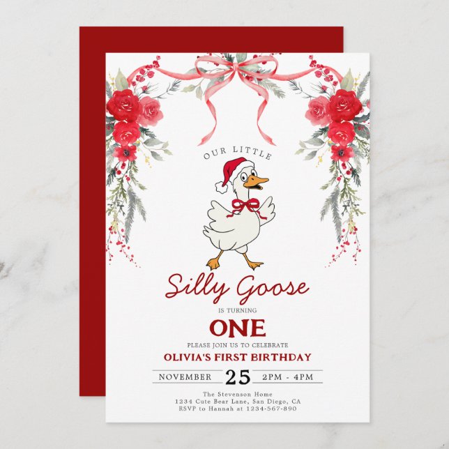 Red Christmas Silly Goose Girl 1st Birthday Invitation (Front/Back)