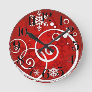 Red Christmas Snow Holiday Round Clock