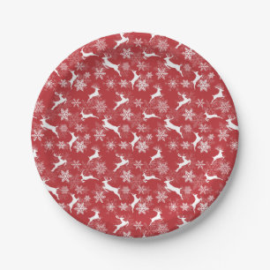 Red Christmas snowflakes deer pattern Paper Plate