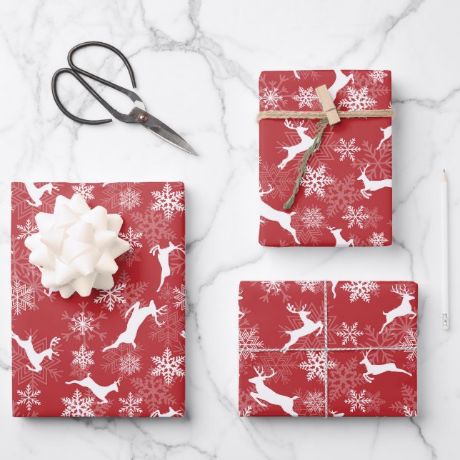 Red Christmas snowflakes deer pattern Wrapping Paper Sheet (Front)