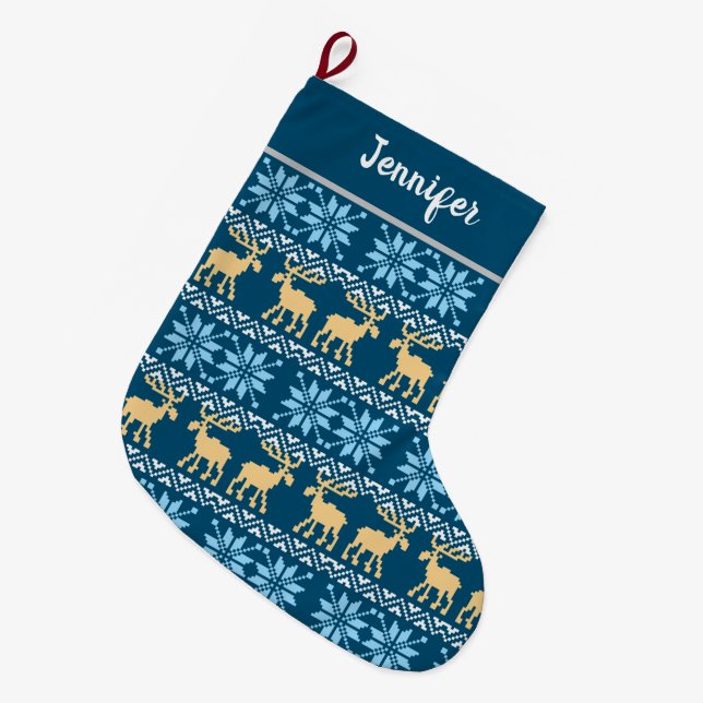 Red Christmas Snowflakes Elk Nordic Blue Pattern Large Christmas Stocking (Front (Hanging))
