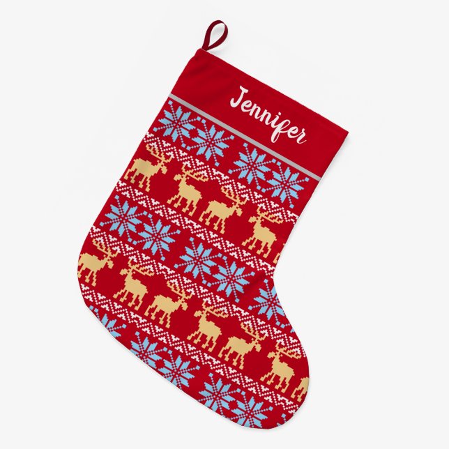Red Christmas Snowflakes Elk Nordic Pattern Large Christmas Stocking (Front (Hanging))