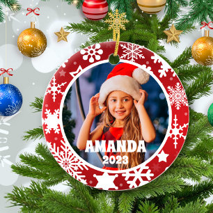 Red Christmas Snowflakes Personalized Kids Photo Ceramic Tree Decoration