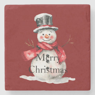 Red Christmas Snowman Santa Stone Coaster