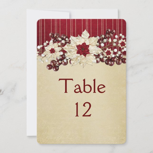 Red Christmas Star Damask Gold Table card (Front)
