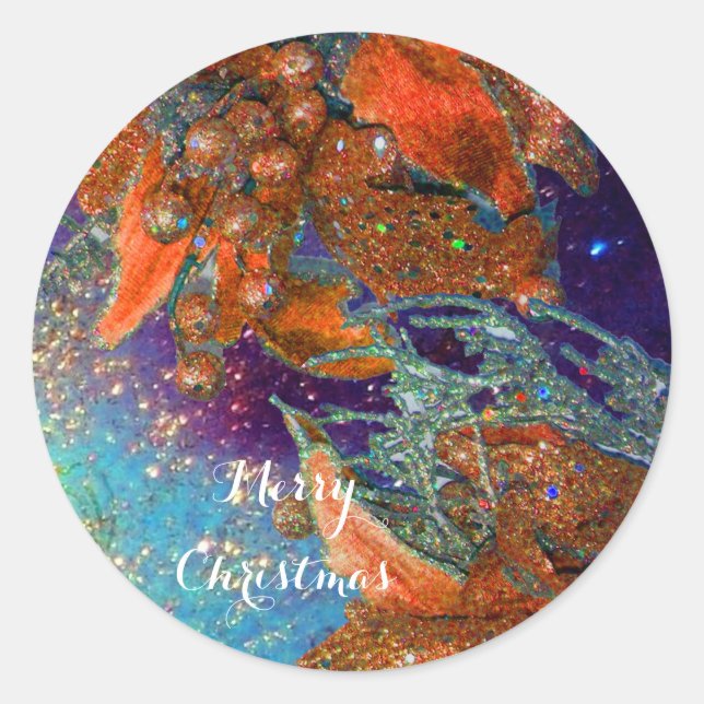 RED CHRISTMAS STAR,ELEGANT FLORAL IN BLUE SPARKLES CLASSIC ROUND STICKER (Front)