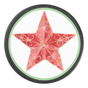 Red Christmas Star Illustration Hockey Puck