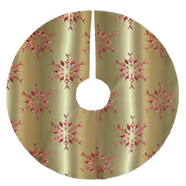 Red Christmas Stars on Gold Brushed Polyester Tree Skirt (Front)