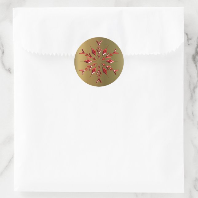 Red Christmas Stars on Gold Classic Round Sticker (Bag)