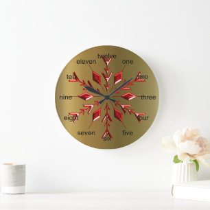 Red Christmas Stars on Gold Large Clock
