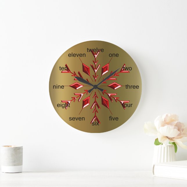 Red Christmas Stars on Gold Large Clock (Home)