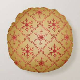 Red Christmas Stars on Gold Round Cushion