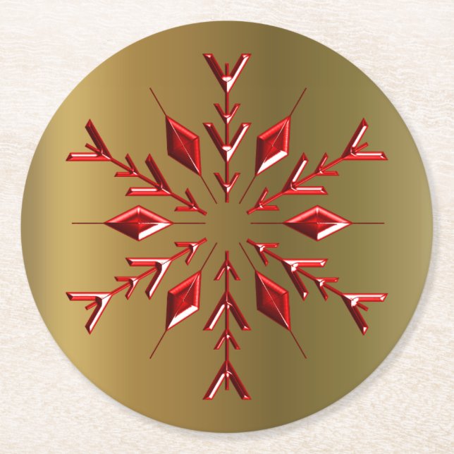 Red Christmas Stars on Gold Round Paper Coaster (Front)