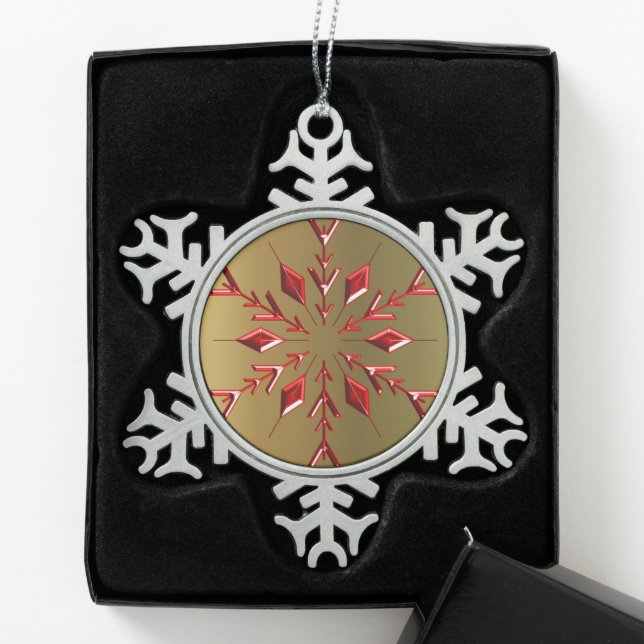 Red Christmas Stars on Gold Snowflake Pewter Christmas Ornament (Box)