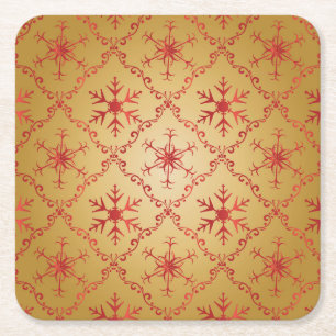 Red Christmas Stars on Gold Square Paper Coaster