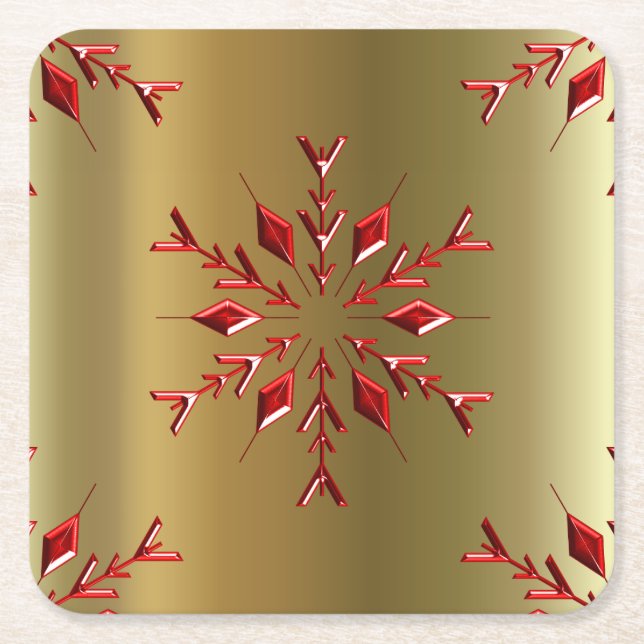 Red Christmas Stars on Gold Square Paper Coaster (Front)