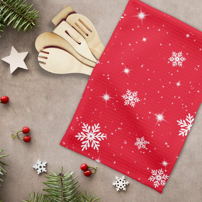 Red Christmas Stars Snowflakes Pattern Tea Towel (Creator Uploaded)