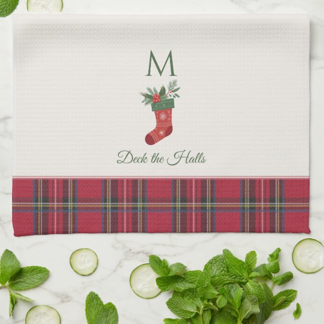 Red Christmas Stocking Custom Monogram Xmas Tea Towel (Folded)