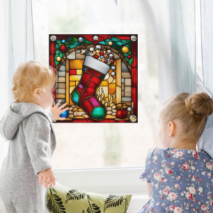 Red Christmas Stocking Faux Stained Glass Window Cling