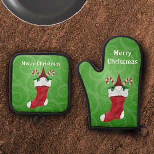 Red Christmas Stocking Fur Cute Gnome Green Swirls Oven Mitt & Pot Holder Set