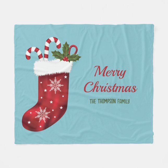 Red Christmas Stocking On Blue With Custom Text Fleece Blanket (Front (Horizontal))