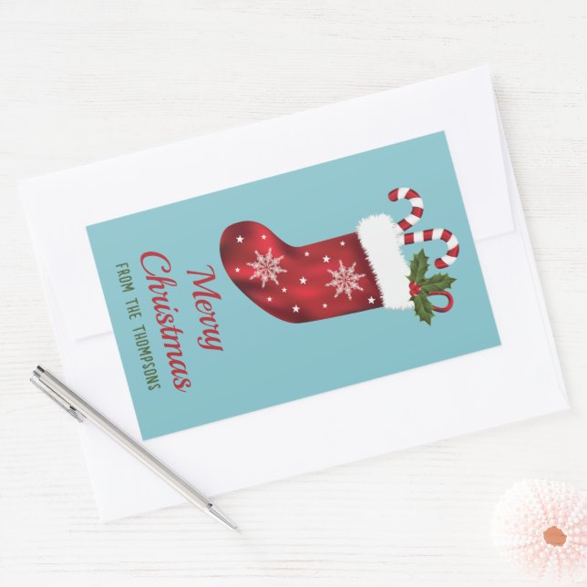 Red Christmas Stocking On Blue With Custom Text Rectangular Sticker (Envelope)