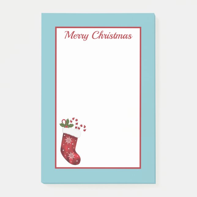Red Christmas Stocking With Blue And Custom Text Post-it Notes (Front)