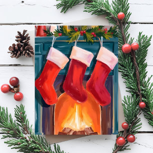 Red Christmas Stockings Fireplace Watercolor Holiday Card