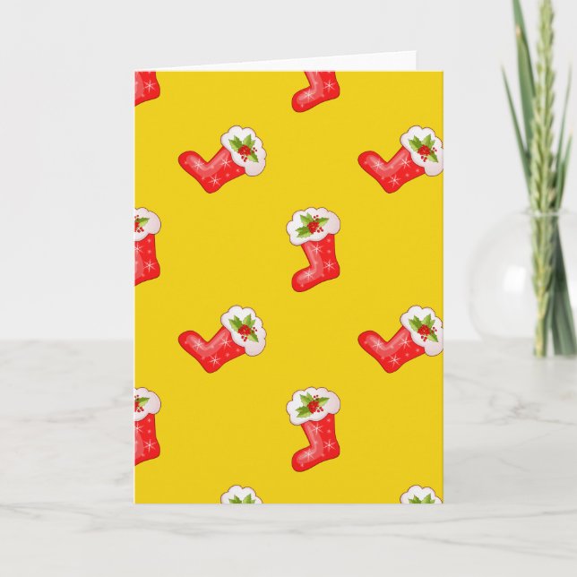 Red Christmas Stockings on Yellow Holiday Card (Front)