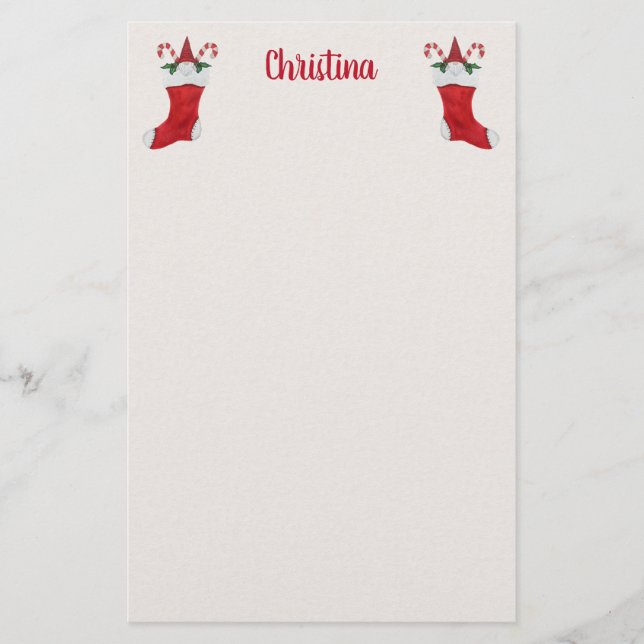 Red Christmas Stockings With Gnomes Candy Canes Stationery (Front)