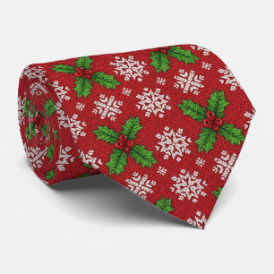 Red Christmas Sweater Holly Snowflake Knit Tie