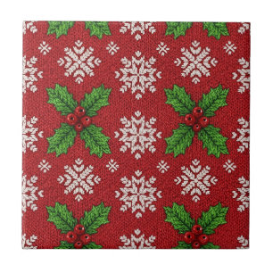 Red Christmas Sweater Holly Snowflake Knit Tile
