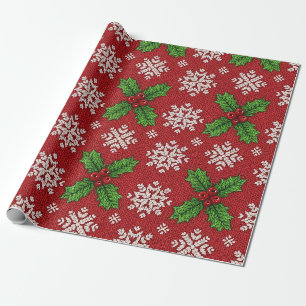Red Christmas Sweater Holly Snowflake Knit Wrapping Paper