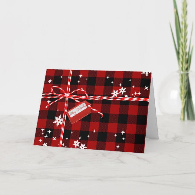 Red Christmas Tag On Buffalo Plaid Holiday Card (Front)