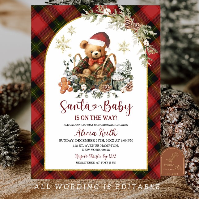 Red Christmas Tartan Cosy Santa Bear Baby Shower Invitation (Creator Uploaded)