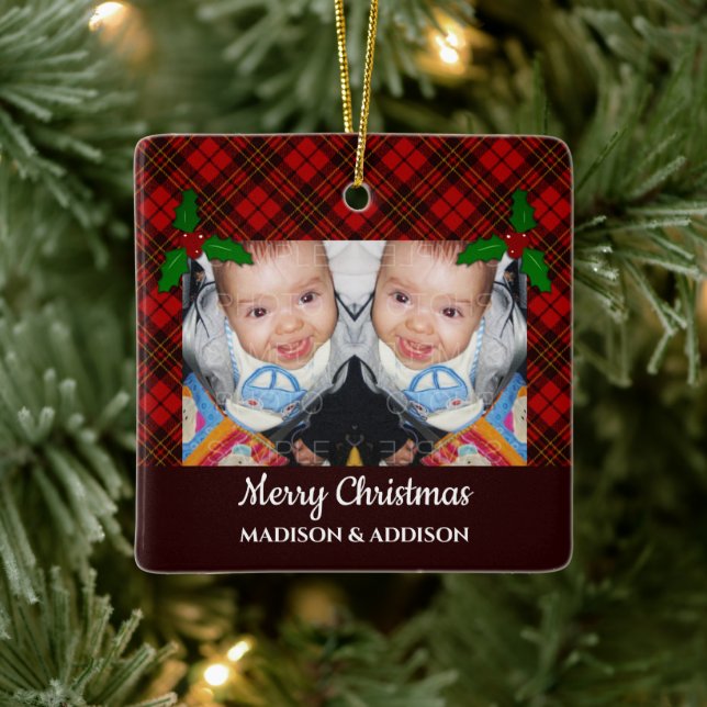 Red Christmas tartan pattern Personalise photo Ceramic Ornament (Tree)