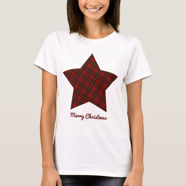 Red Christmas tartan Star Merry Christmas text T-Shirt (Front)