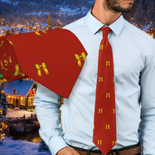 Red Christmas Tie Tiny Gold Bows Pattern