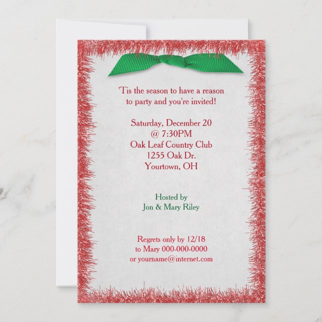 Red Christmas Tinsel and Green Bow Invitation (Front)