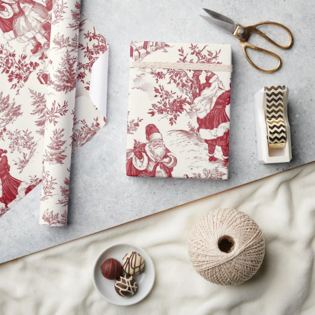 Red Christmas Toile Santa And Trees Wrapping Paper (Crafts)
