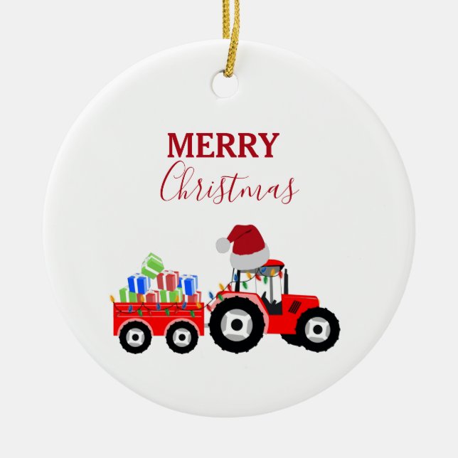 Red Christmas Tractor Truck Farm Ceramic Tree Decoration (Front)