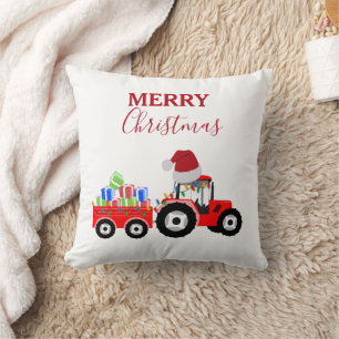 Red Christmas Tractor Truck Farm Cushion