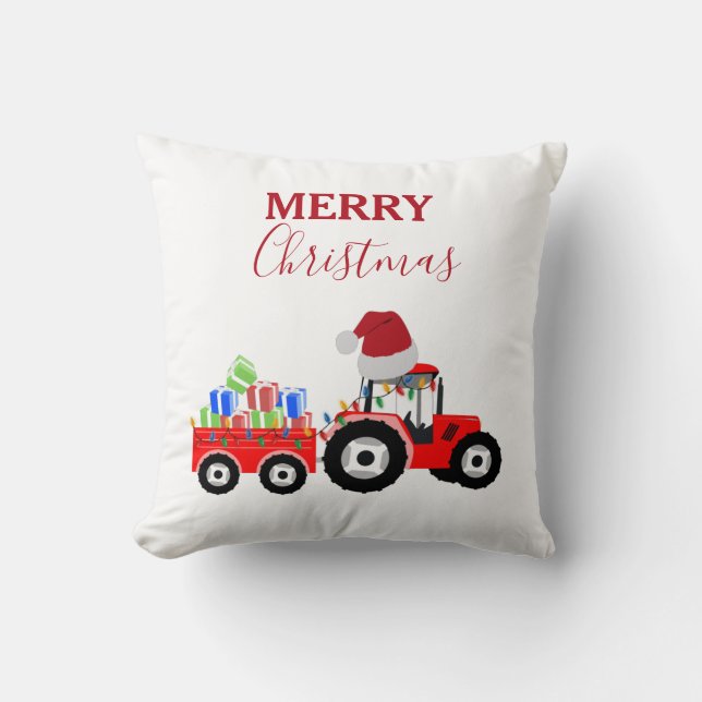 Red Christmas Tractor Truck Farm  Cushion (Front)