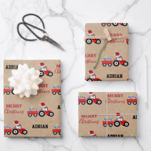 Red Christmas Tractor Truck Farm Custom Name Kraft Wrapping Paper Sheet