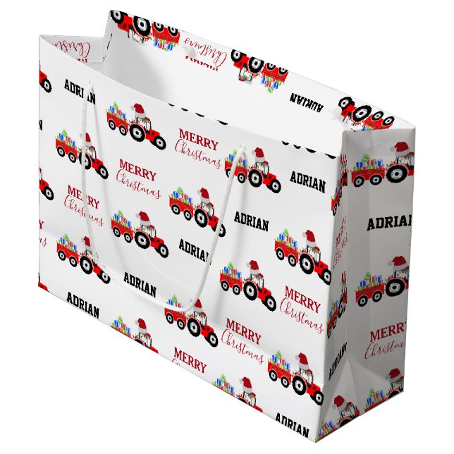 Red Christmas Tractor Truck Farm Custom Name  Large Gift Bag (Front Angled)