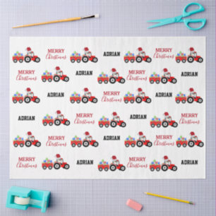Red Christmas Tractor Truck Farm Custom Name Tissue Paper